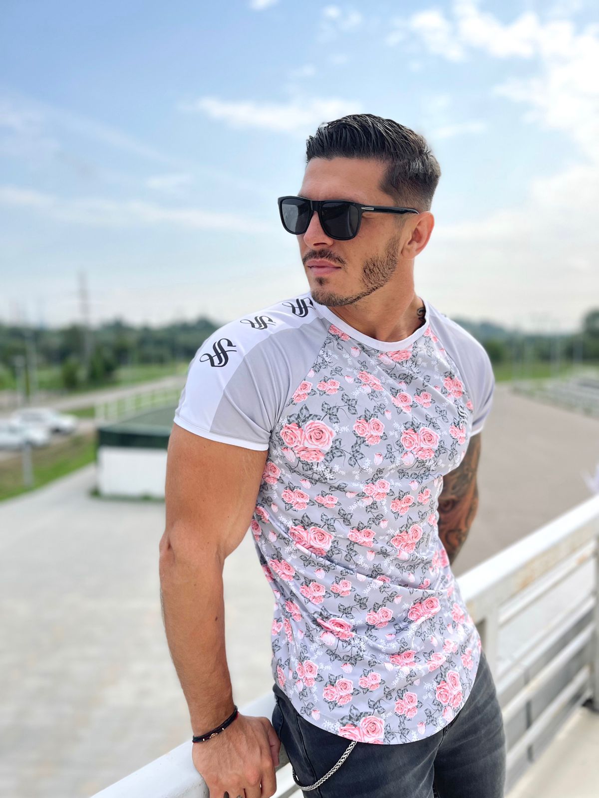 Devotion - Silver /Flowers T-shirt for Men - Sarman Fashion - Wholesale Clothing Fashion Brand for Men from Canada