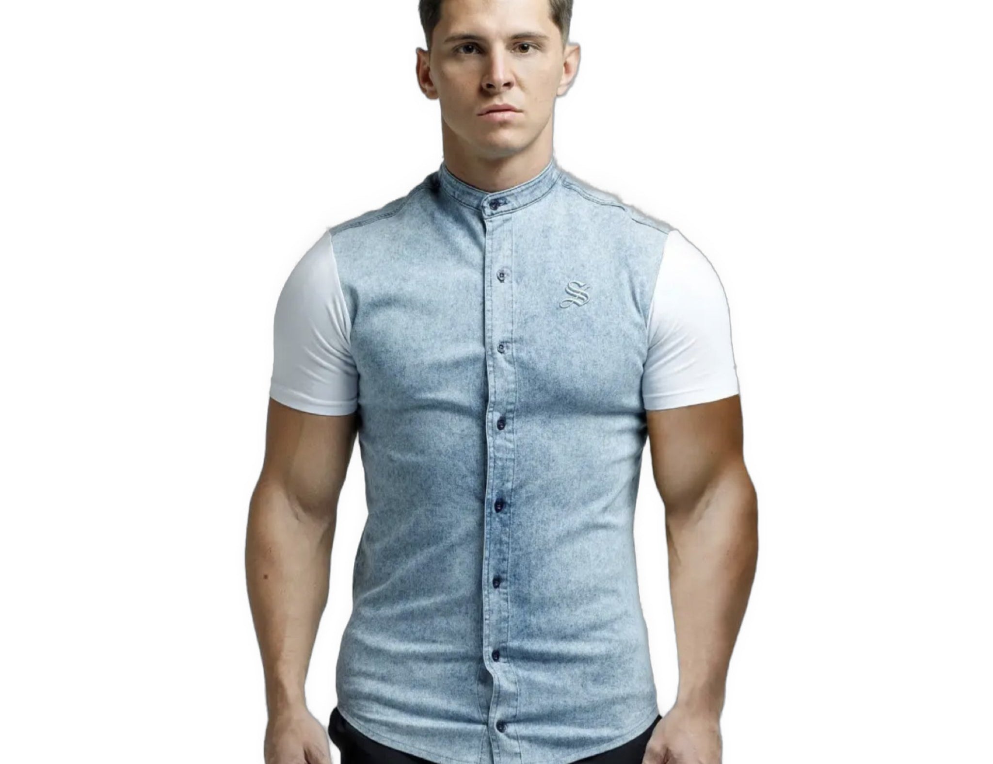 God's Little Angel - Blue/White Short Sleeves Jeans Shirt for Men (PRE-ORDER DISPATCH DATE 25 September 2024) - Sarman Fashion - Wholesale Clothing Fashion Brand for Men from Canada