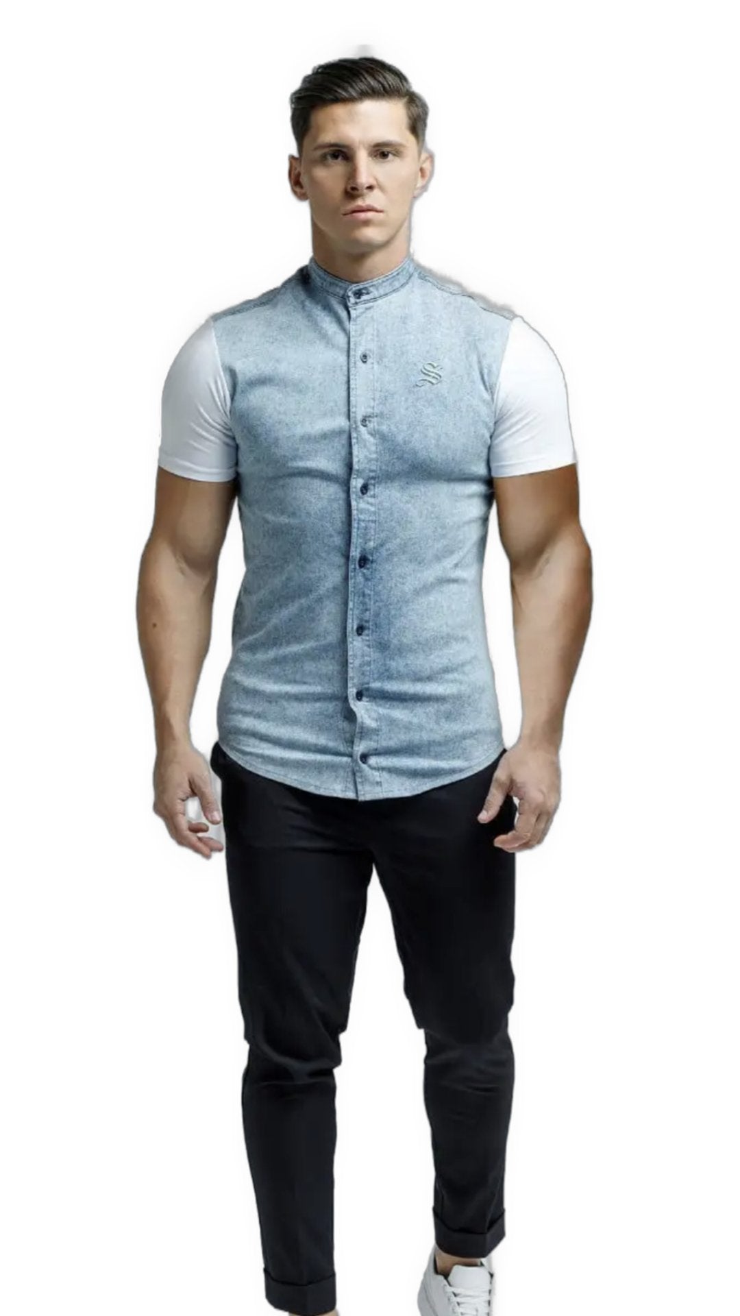 God's Little Angel - Blue/White Short Sleeves Jeans Shirt for Men (PRE-ORDER DISPATCH DATE 25 September 2024) - Sarman Fashion - Wholesale Clothing Fashion Brand for Men from Canada