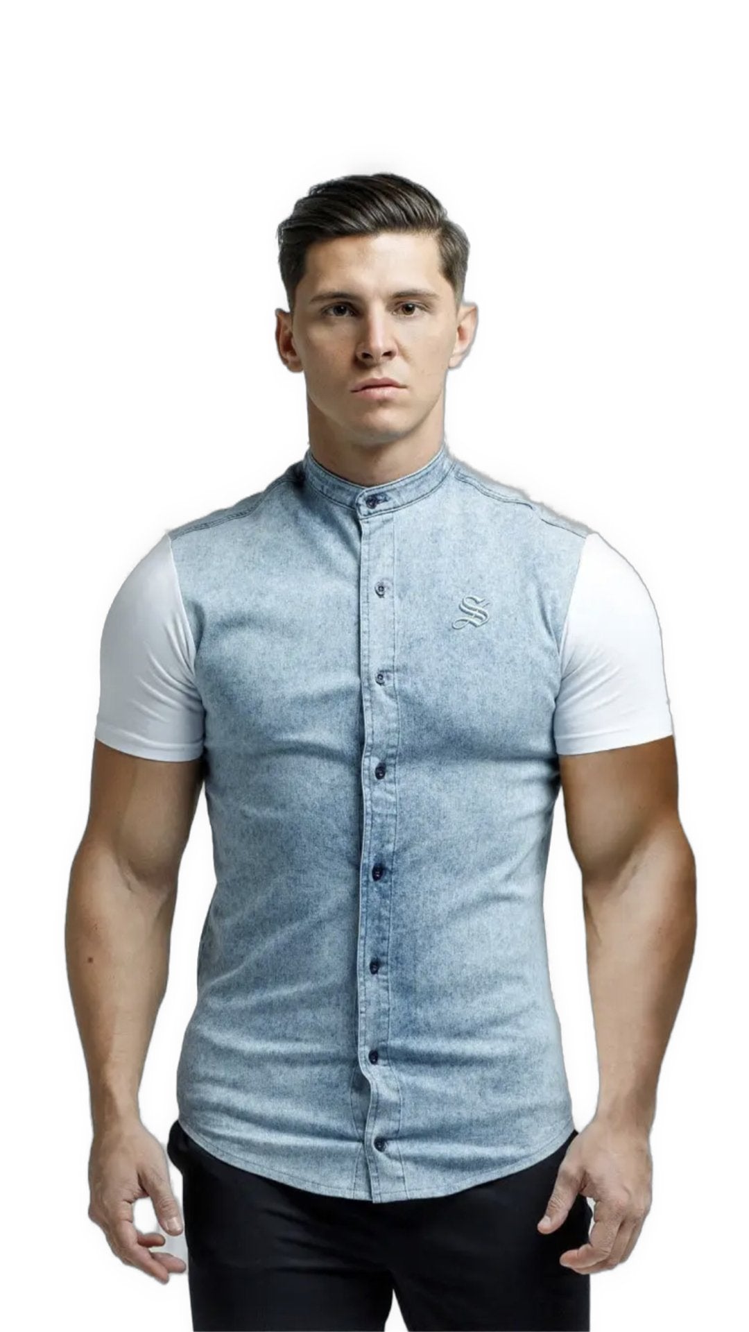 God's Little Angel - Blue/White Short Sleeves Jeans Shirt for Men (PRE-ORDER DISPATCH DATE 25 September 2024) - Sarman Fashion - Wholesale Clothing Fashion Brand for Men from Canada