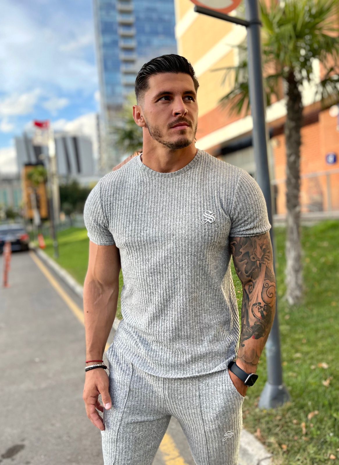 Half Base 2 - Gris Men’s t-shirt (PRE-ORDER DISPATCH DATE 1 JULY 2022) - Sarman Fashion - Wholesale Clothing Fashion Brand for Men from Canada