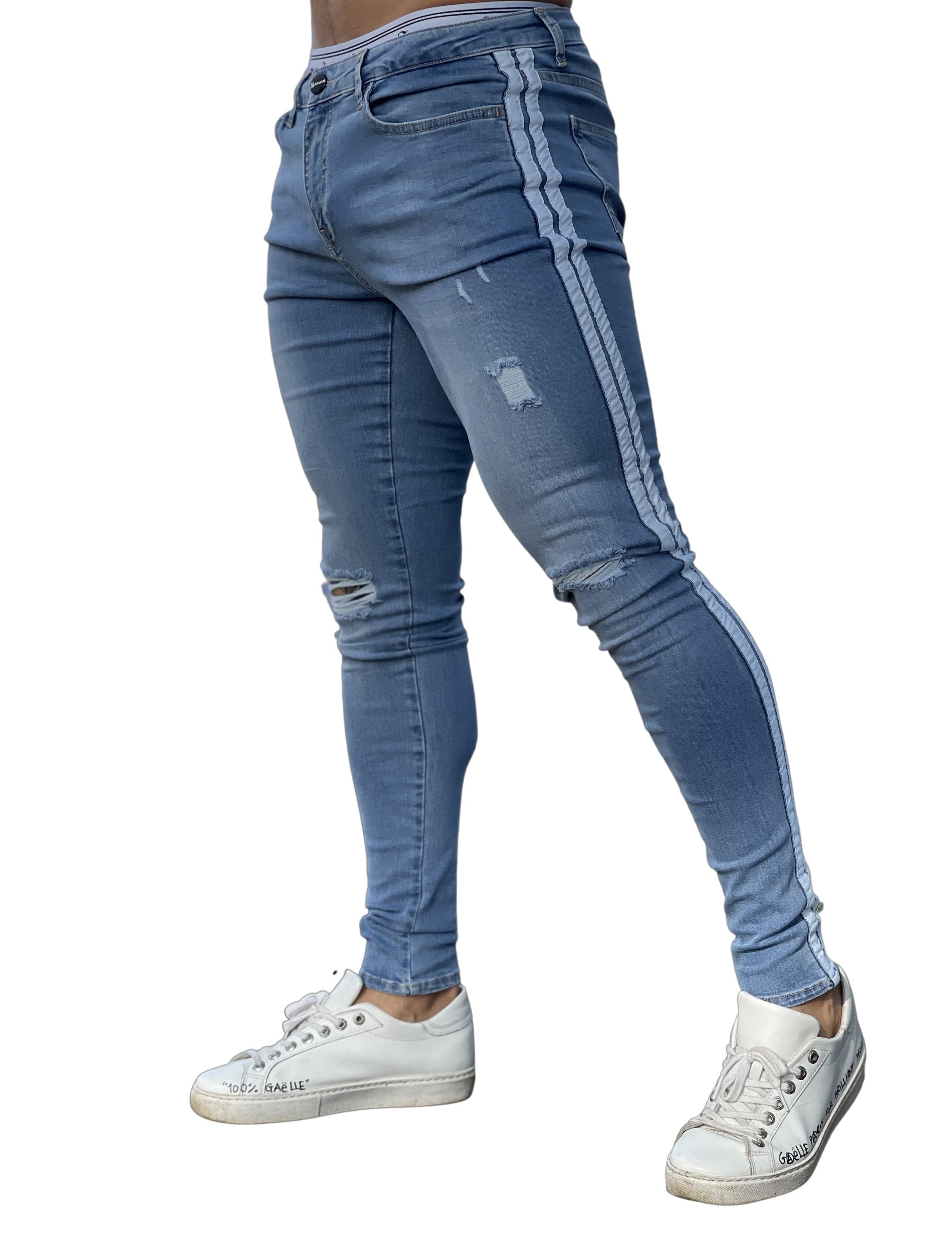 I'm Sorry - Light Blue Skinny Jeans White Striped for Men - Sarman Fashion - Wholesale Clothing Fashion Brand for Men from Canada