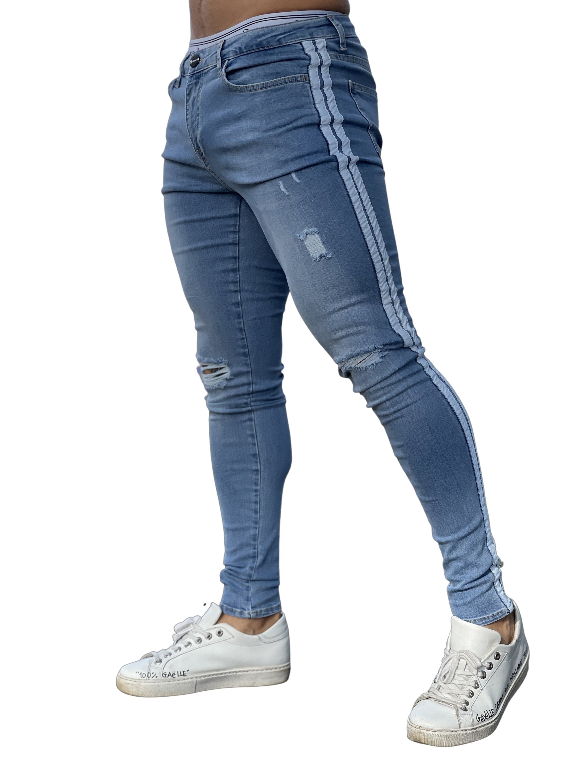 I'm Sorry - Light Blue Skinny Jeans White Striped for Men - Sarman Fashion - Wholesale Clothing Fashion Brand for Men from Canada