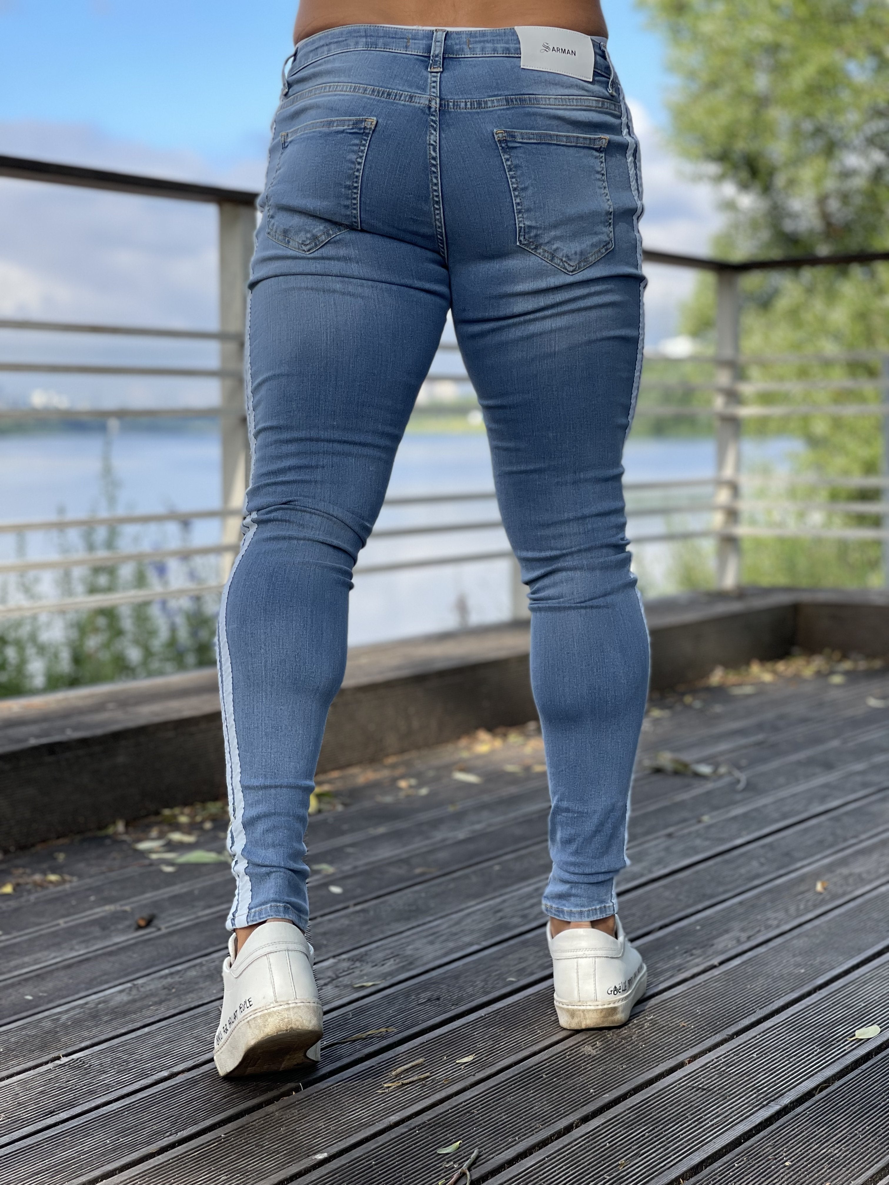 I'm Sorry - Light Blue Skinny Jeans White Striped for Men - Sarman Fashion - Wholesale Clothing Fashion Brand for Men from Canada