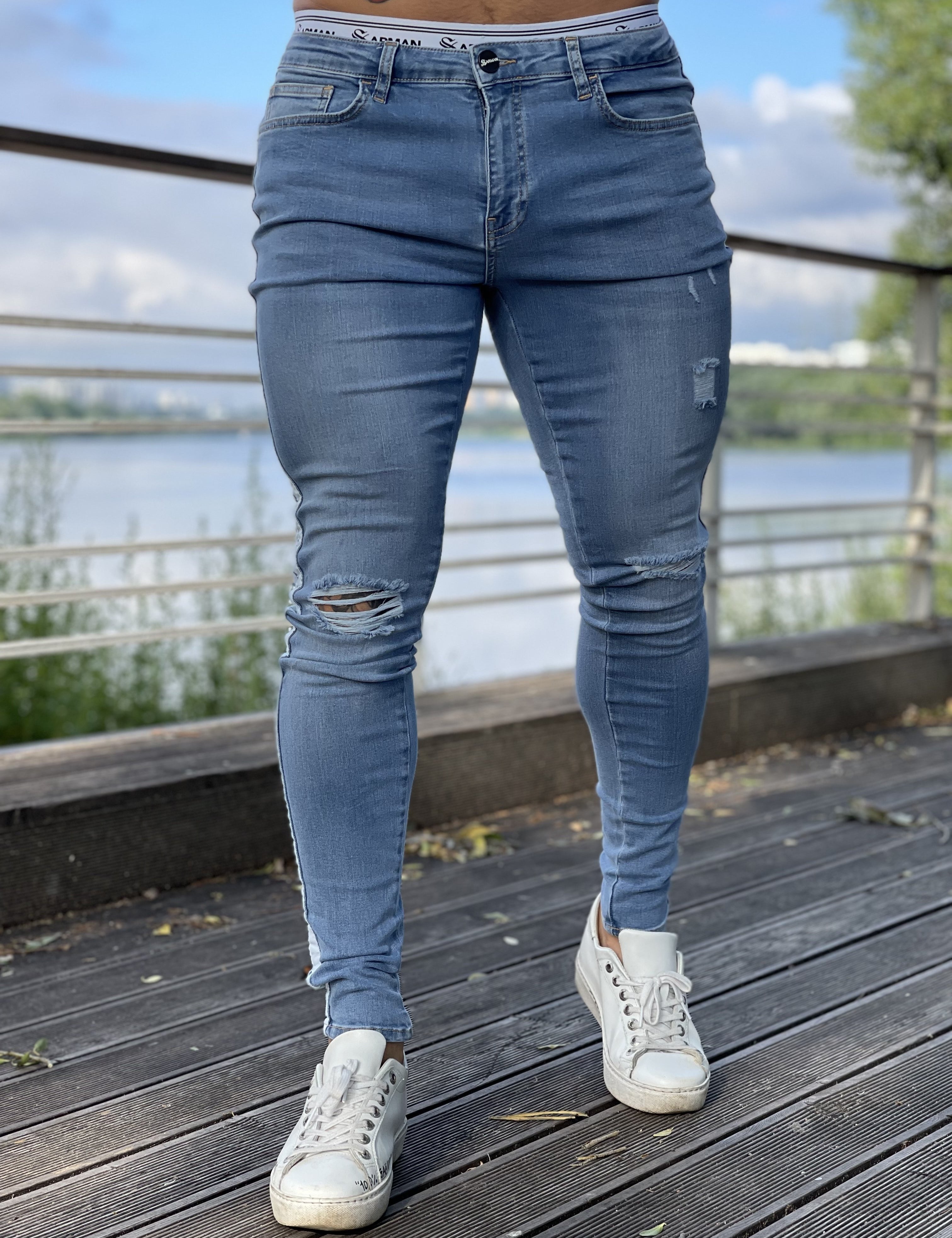 I'm Sorry - Light Blue Skinny Jeans White Striped for Men - Sarman Fashion - Wholesale Clothing Fashion Brand for Men from Canada