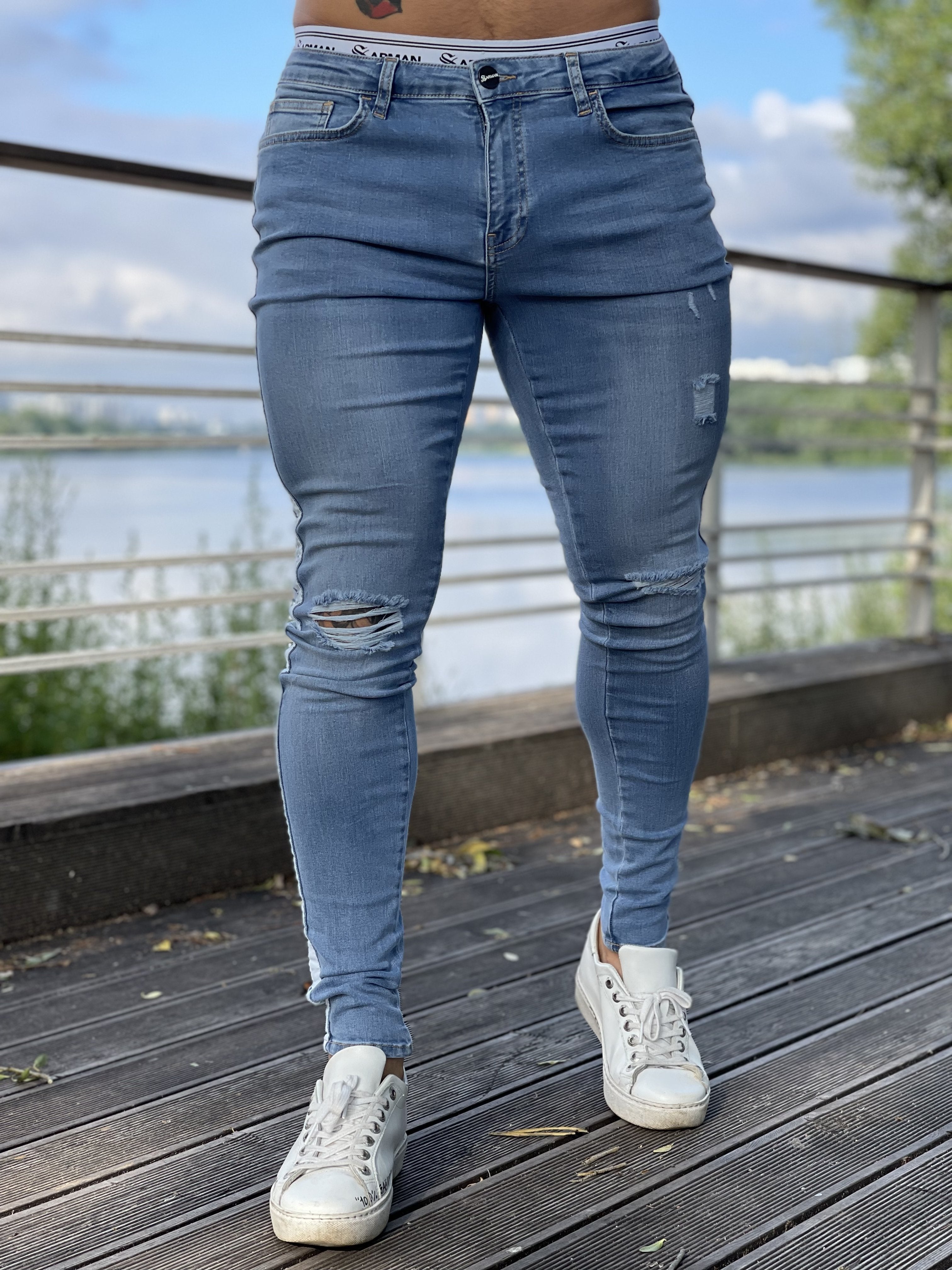 I'm Sorry - Light Blue Skinny Jeans White Striped for Men - Sarman Fashion - Wholesale Clothing Fashion Brand for Men from Canada