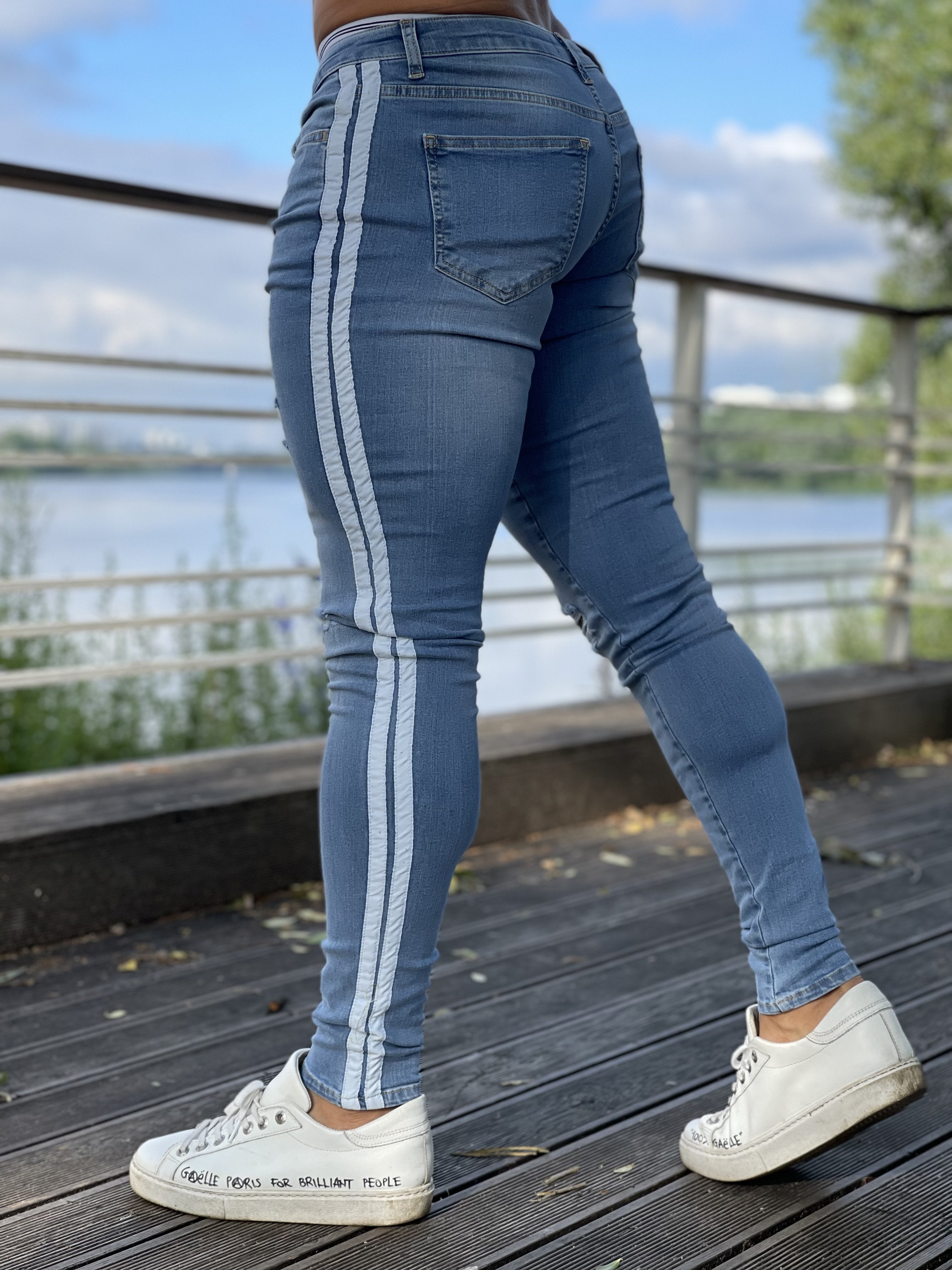 I'm Sorry - Light Blue Skinny Jeans White Striped for Men - Sarman Fashion - Wholesale Clothing Fashion Brand for Men from Canada