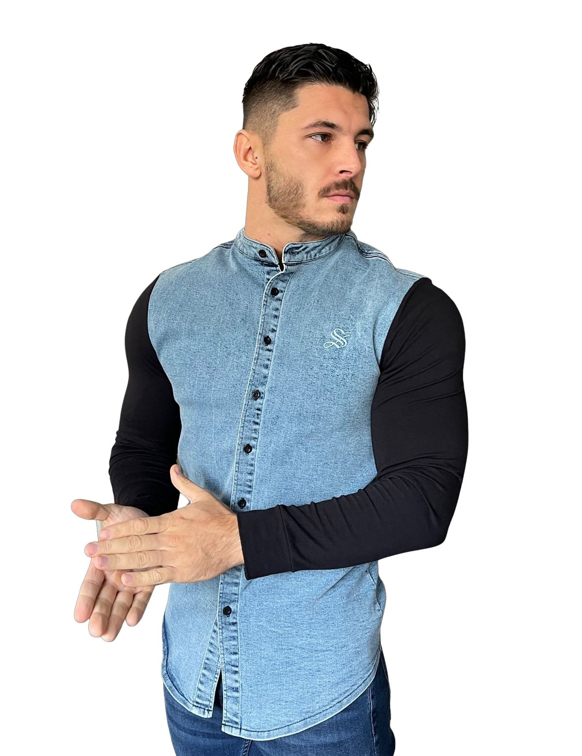 Parouda - Blue/Black Long Sleeves Jeans Shirt for Men (PRE-ORDER DISPATCH DATE 15 APRIL 2023) - Sarman Fashion - Wholesale Clothing Fashion Brand for Men from Canada