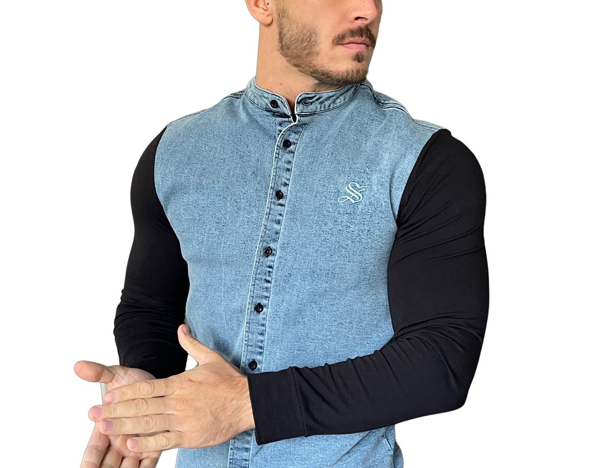 Parouda - Blue/Black Long Sleeves Jeans Shirt for Men (PRE-ORDER DISPATCH DATE 15 APRIL 2023) - Sarman Fashion - Wholesale Clothing Fashion Brand for Men from Canada