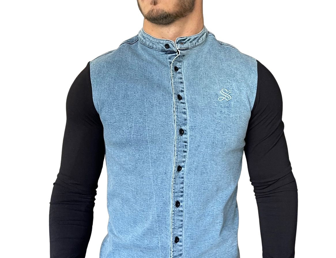 Parouda - Blue/Black Long Sleeves Jeans Shirt for Men (PRE-ORDER DISPATCH DATE 15 APRIL 2023) - Sarman Fashion - Wholesale Clothing Fashion Brand for Men from Canada