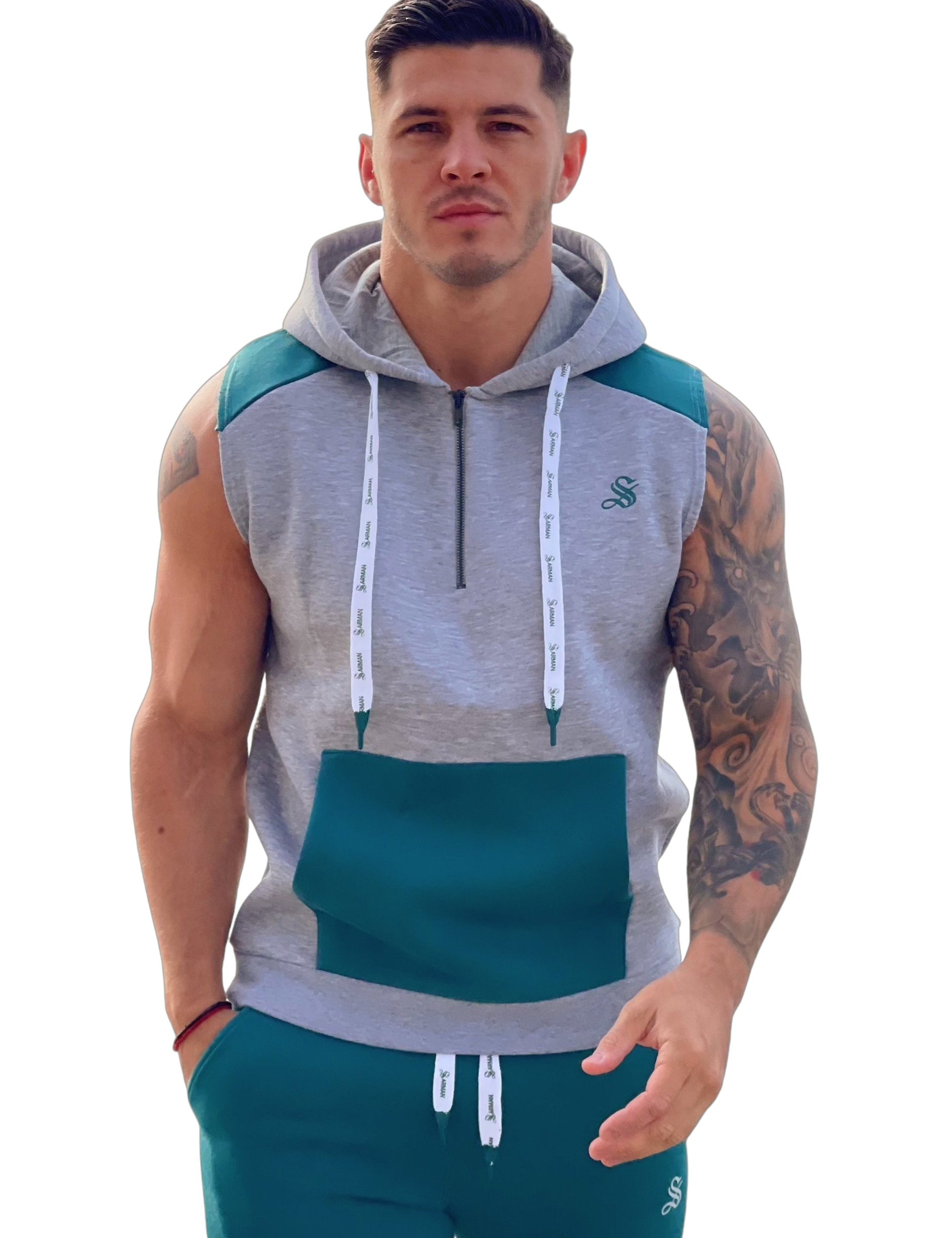 Rostan - Grey/Green Sleeveless Hoodie for Men - Sarman Fashion - Wholesale Clothing Fashion Brand for Men from Canada