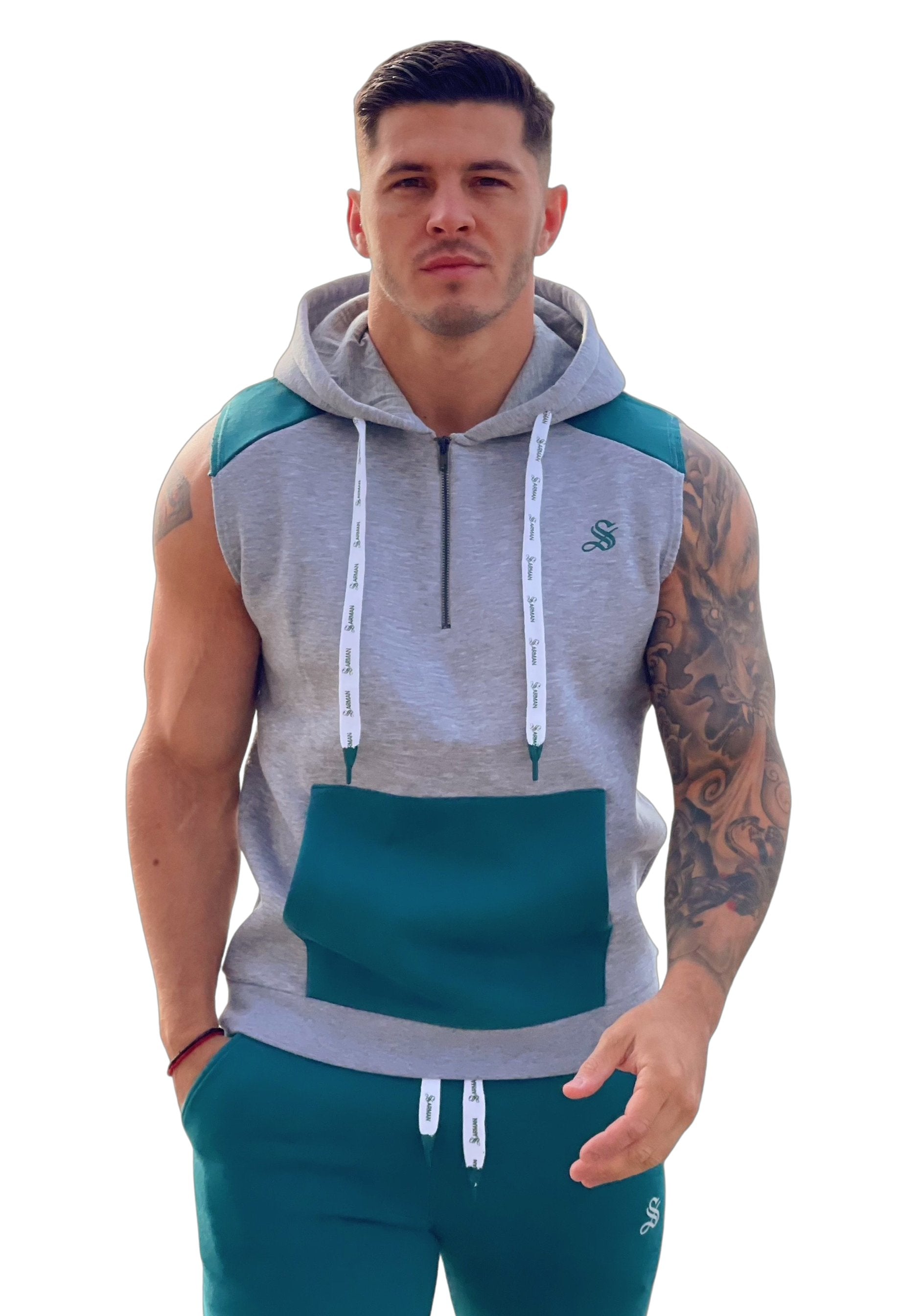 Rostan - Grey/Green Sleeveless Hoodie for Men - Sarman Fashion - Wholesale Clothing Fashion Brand for Men from Canada