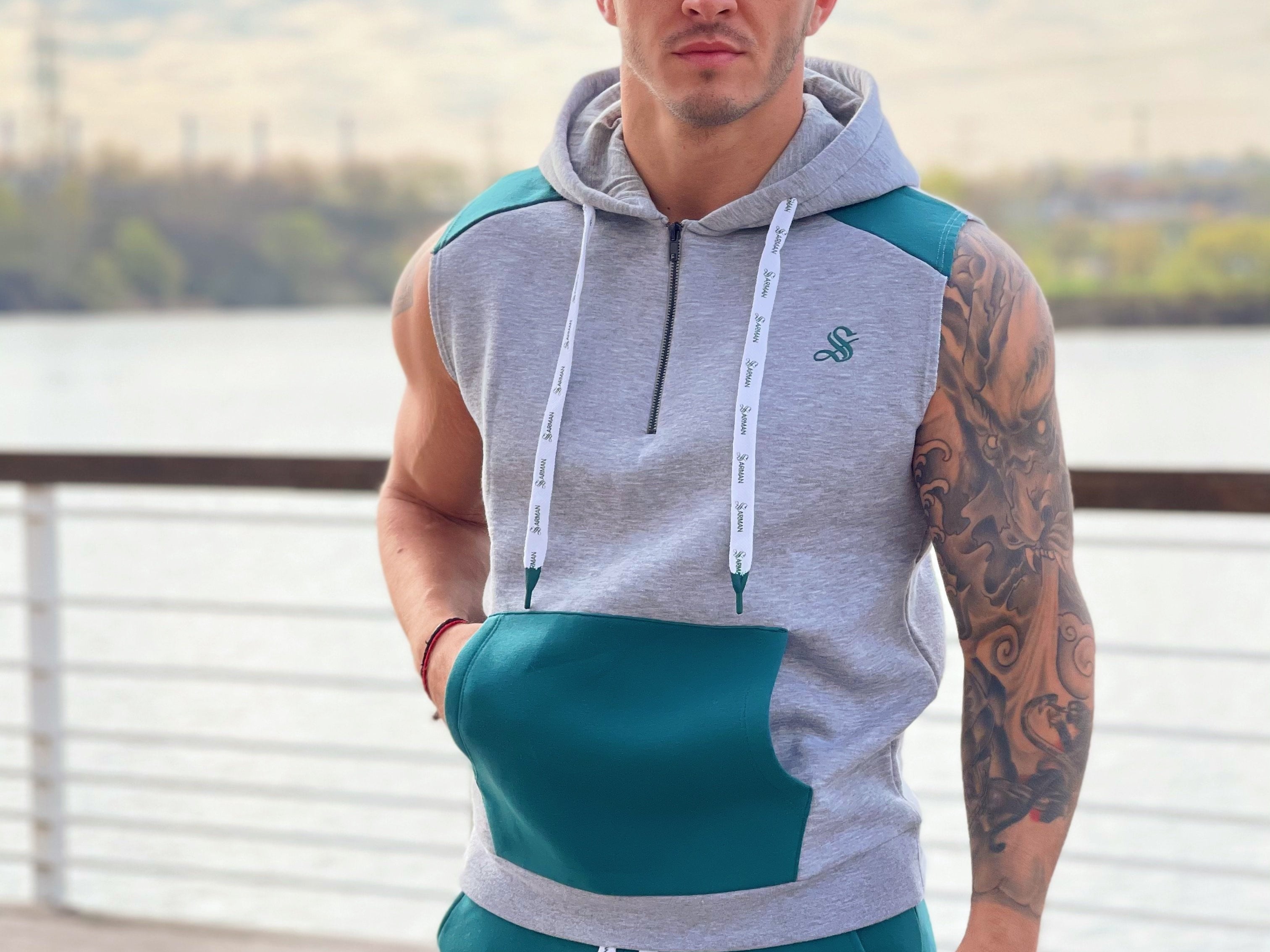 Rostan - Grey/Green Sleeveless Hoodie for Men - Sarman Fashion - Wholesale Clothing Fashion Brand for Men from Canada
