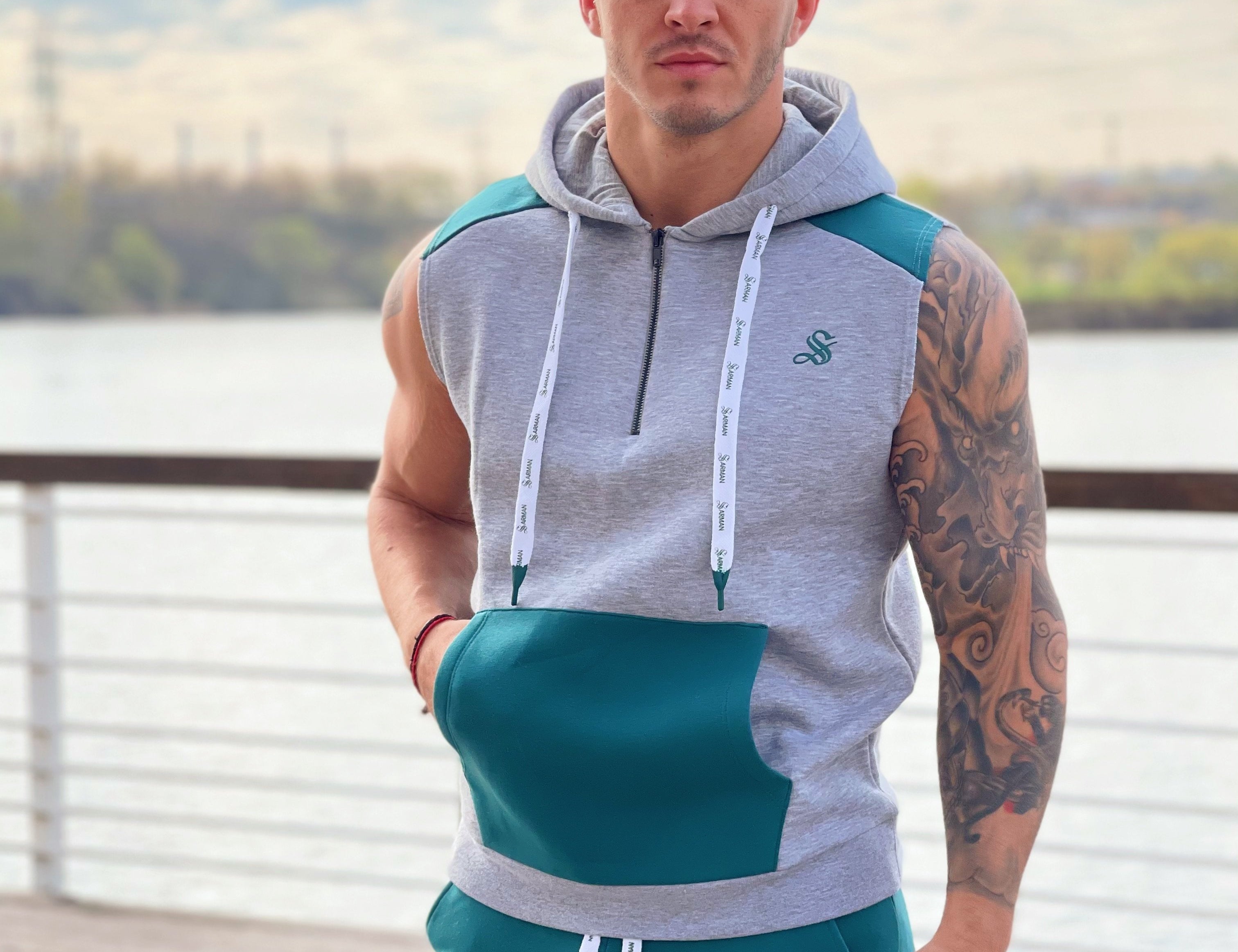 Rostan - Grey/Green Sleeveless Hoodie for Men - Sarman Fashion - Wholesale Clothing Fashion Brand for Men from Canada