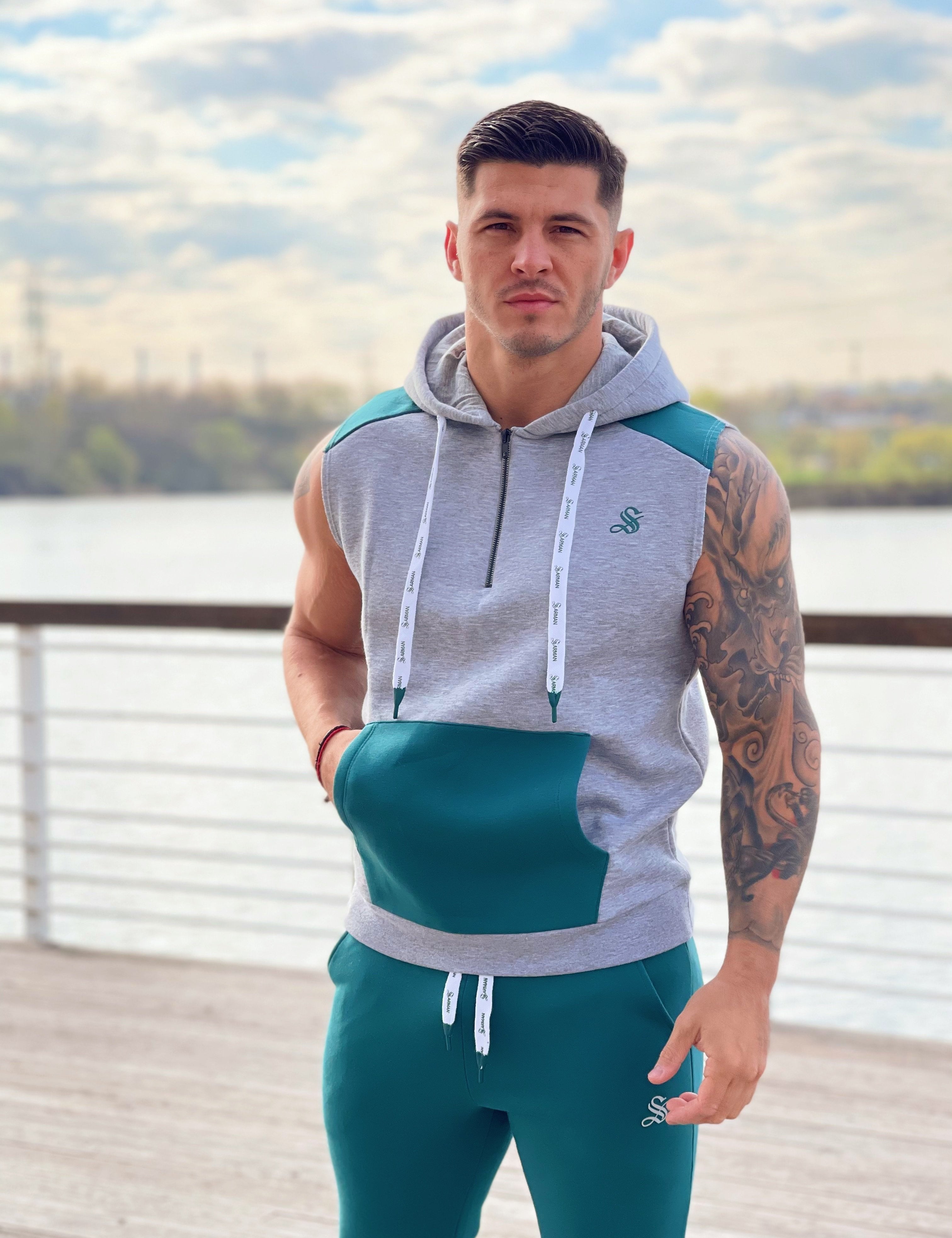 Rostan - Grey/Green Sleeveless Hoodie for Men - Sarman Fashion - Wholesale Clothing Fashion Brand for Men from Canada