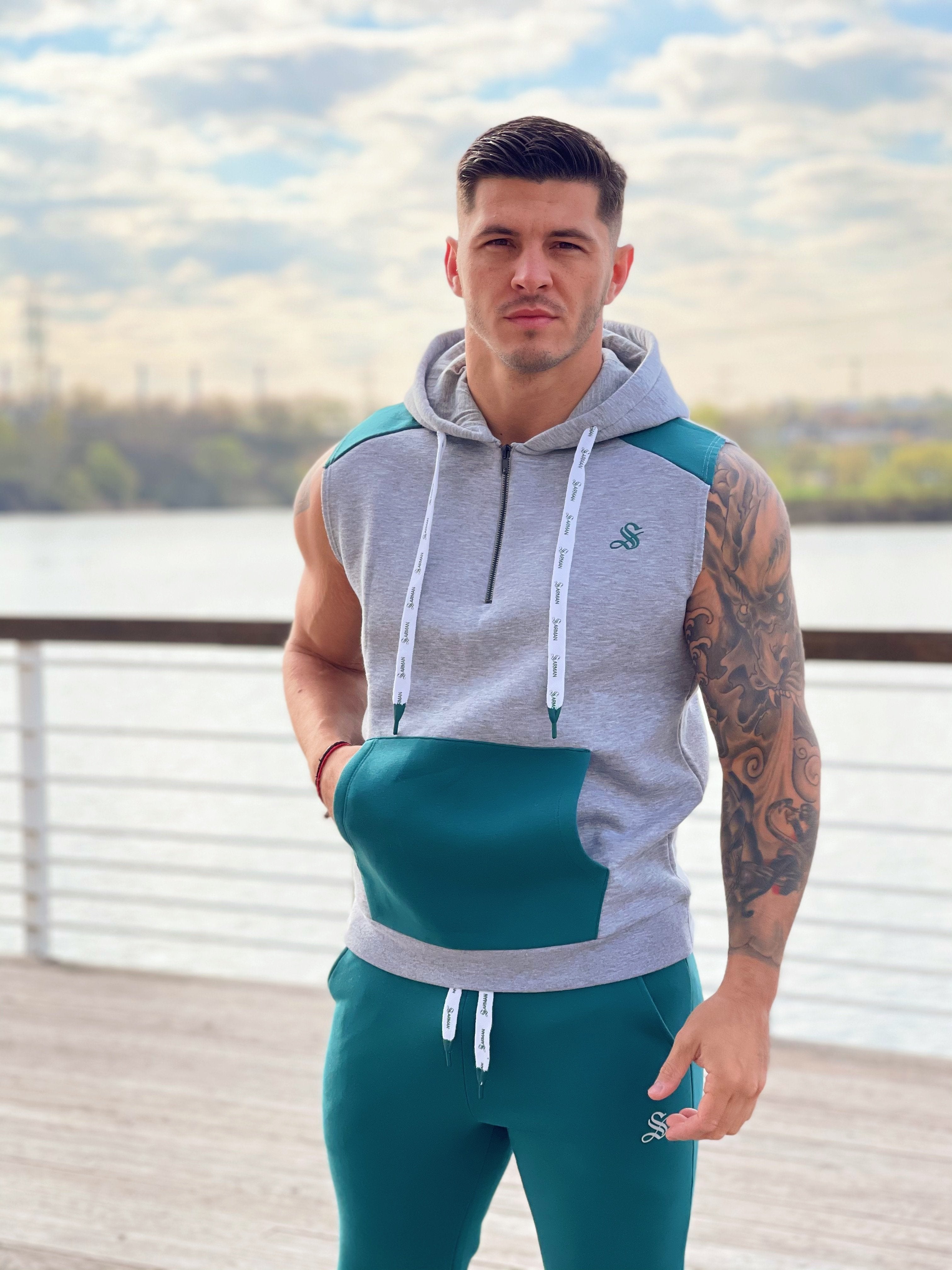 Rostan - Grey/Green Sleeveless Hoodie for Men - Sarman Fashion - Wholesale Clothing Fashion Brand for Men from Canada