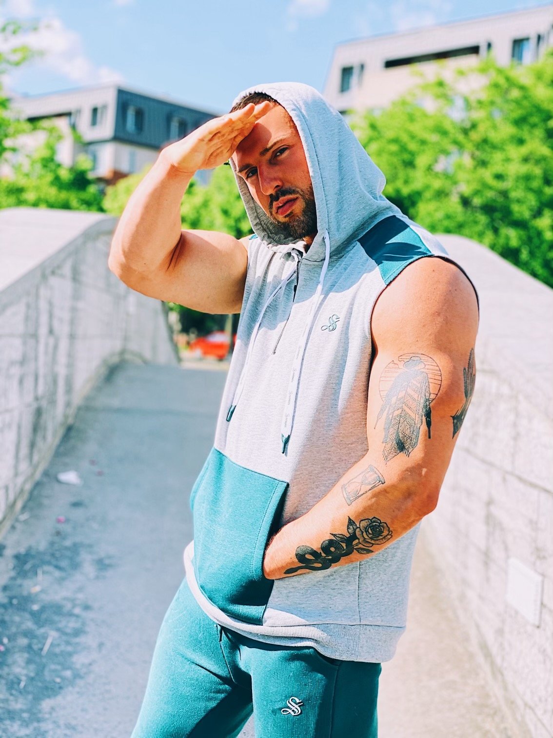 Rostan - Grey/Green Sleeveless Hoodie for Men - Sarman Fashion - Wholesale Clothing Fashion Brand for Men from Canada