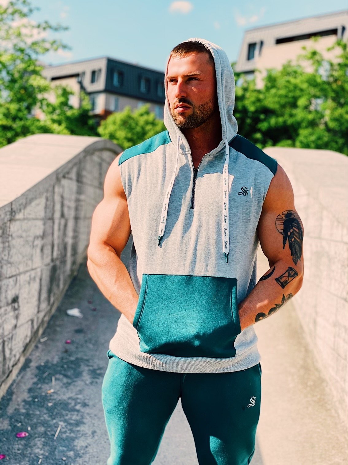 Rostan - Grey/Green Sleeveless Hoodie for Men - Sarman Fashion - Wholesale Clothing Fashion Brand for Men from Canada