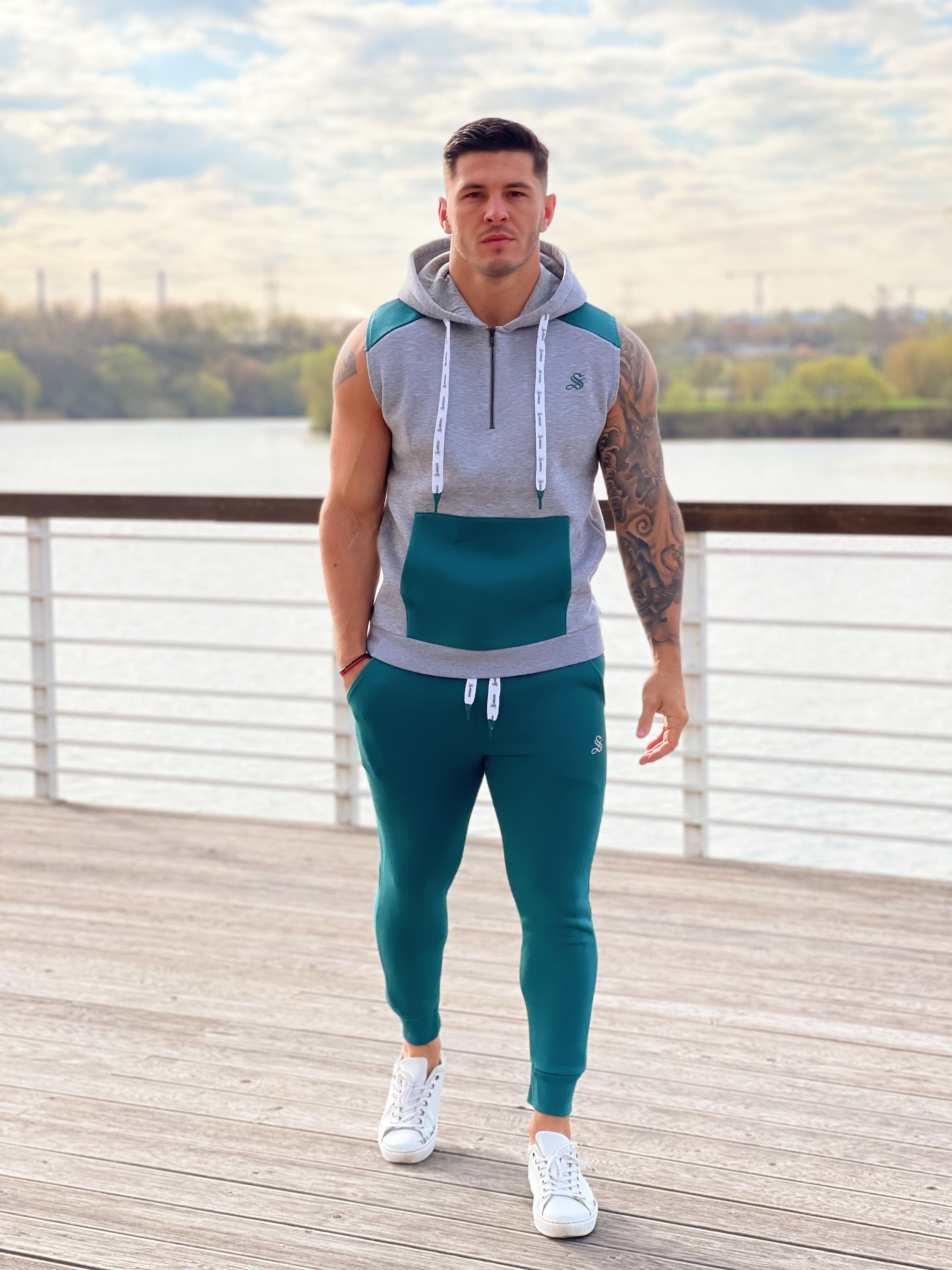 Rostan - Grey/Green Sleeveless Hoodie for Men - Sarman Fashion - Wholesale Clothing Fashion Brand for Men from Canada