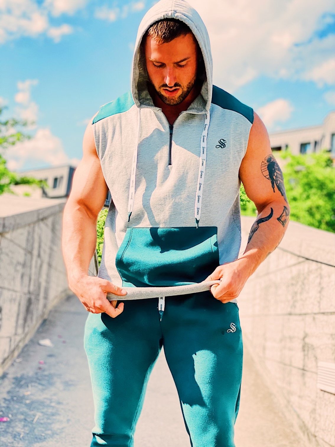 Rostan - Grey/Green Sleeveless Hoodie for Men - Sarman Fashion - Wholesale Clothing Fashion Brand for Men from Canada