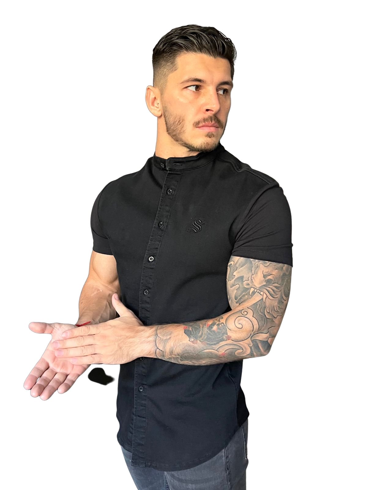 Semio - Black Short Sleeves Jeans Shirt for Men (PRE-ORDER DISPATCH DATE 15 APRIL 2023) - Sarman Fashion - Wholesale Clothing Fashion Brand for Men from Canada