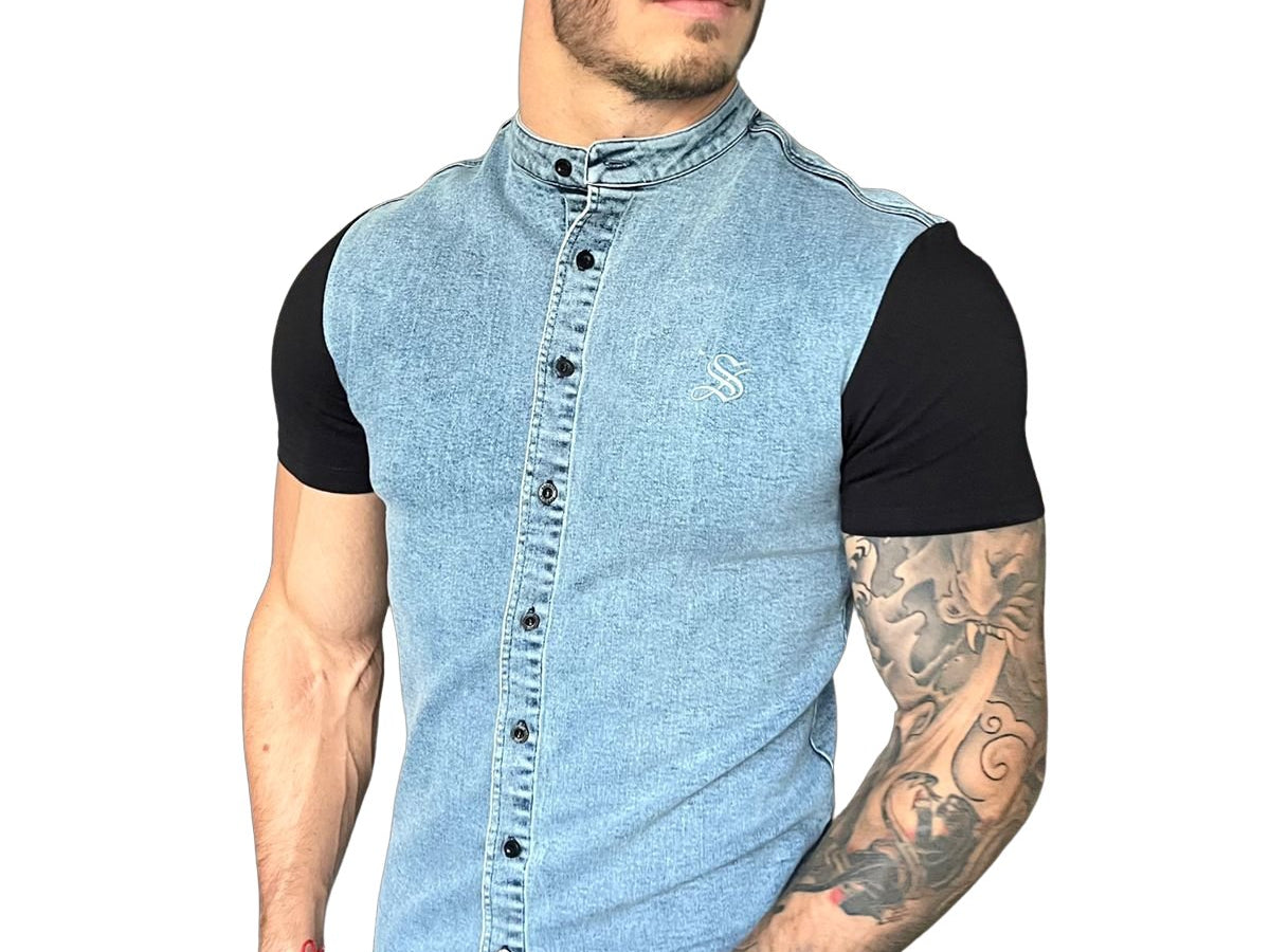 Velon - Blue/Black Short Sleeves Jeans Shirt for Men (PRE-ORDER DISPATCH DATE 15 APRIL 2023) - Sarman Fashion - Wholesale Clothing Fashion Brand for Men from Canada