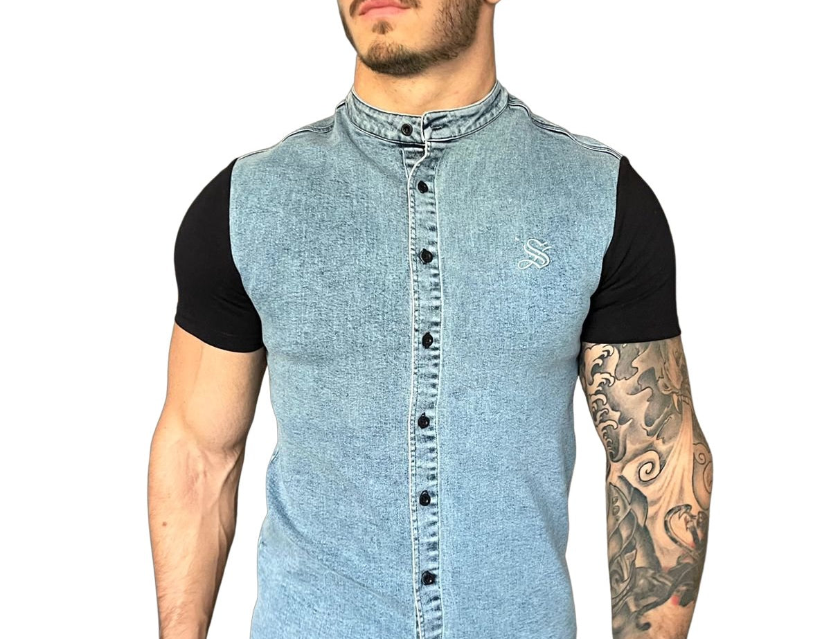 Velon - Blue/Black Short Sleeves Jeans Shirt for Men (PRE-ORDER DISPATCH DATE 15 APRIL 2023) - Sarman Fashion - Wholesale Clothing Fashion Brand for Men from Canada