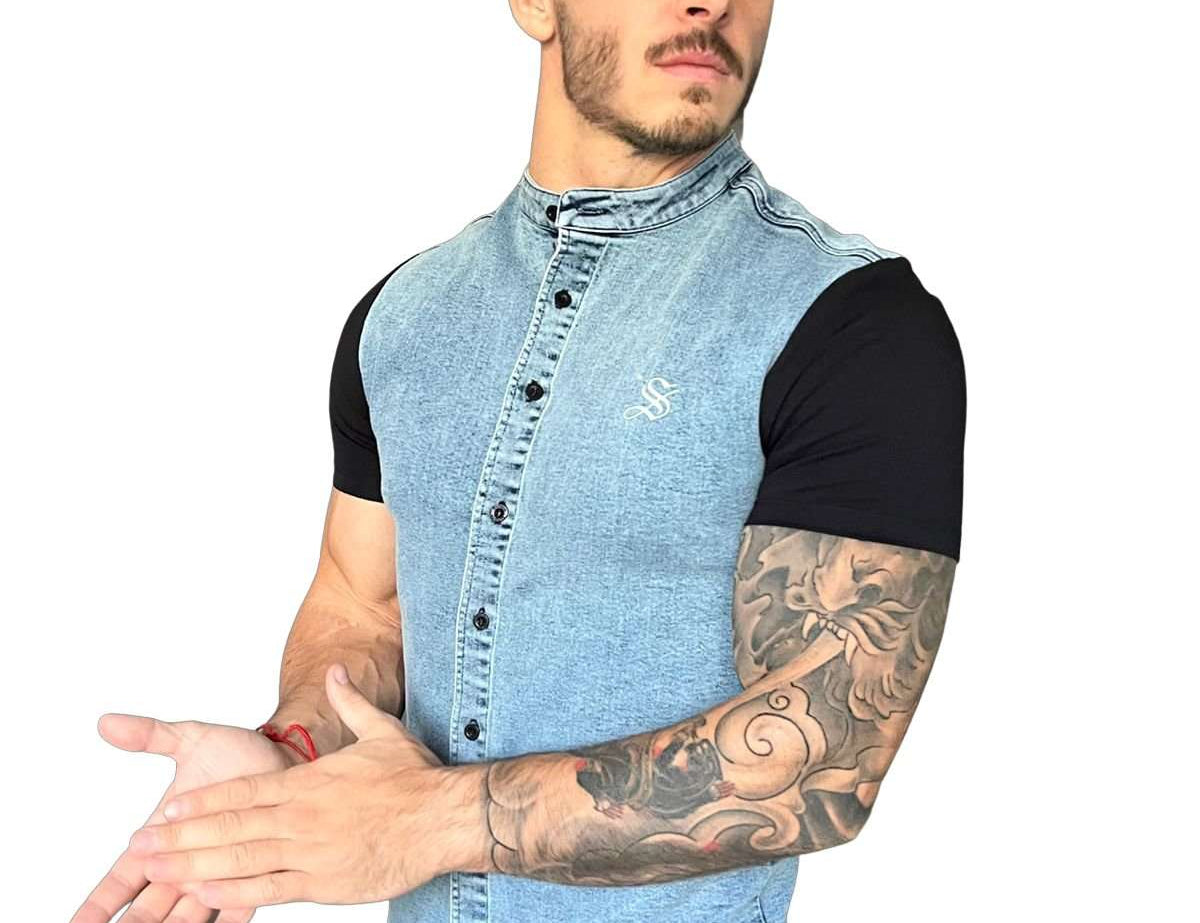 Velon - Blue/Black Short Sleeves Jeans Shirt for Men (PRE-ORDER DISPATCH DATE 15 APRIL 2023) - Sarman Fashion - Wholesale Clothing Fashion Brand for Men from Canada